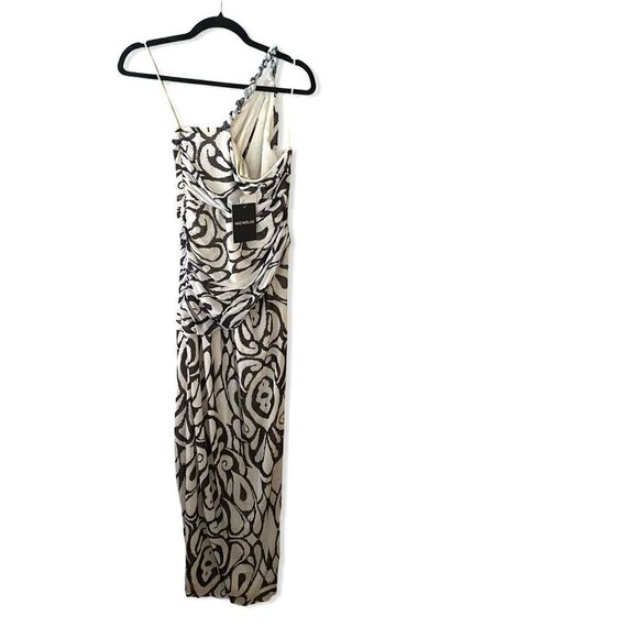 Nicholas Drue Draped Asymmetrical Midi Dress black white print braid Revolve 12 - Picture 9 of 14